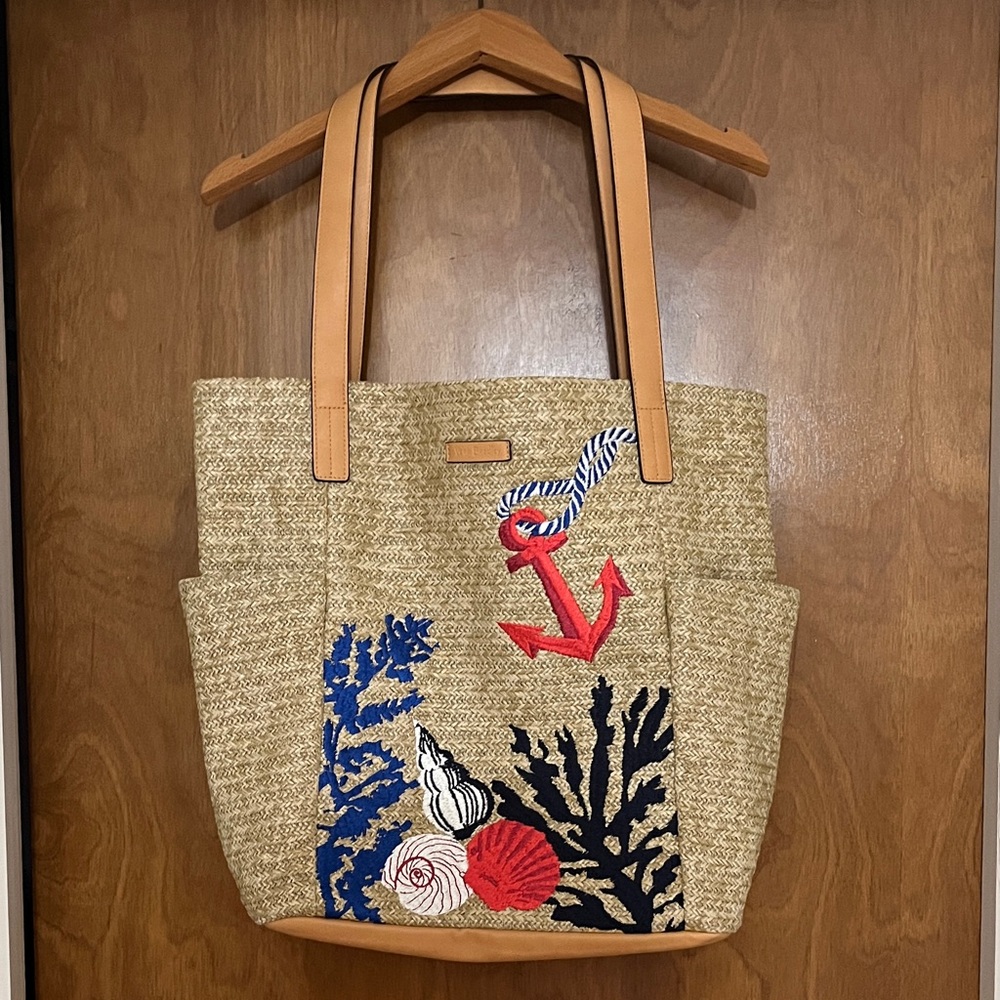 Vera Bradley Tan Tote with Nautical Red and Blue Accents